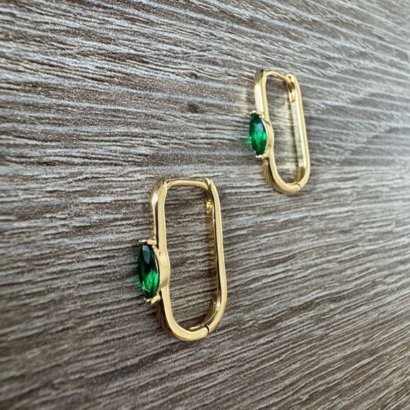 Gold and Green Dangle hoop Earrings N938 - Picture 2 of 4